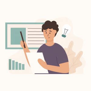 Flat vector illustration of a young man giving a presentation, holding papers and a pointer, with charts and a light bulb in the background in teal and beige colors.