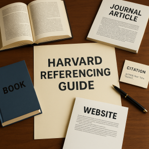 Overhead view of an academic workspace featuring a Harvard Referencing Guide sheet, a book, journal article, website printout, and a citation card